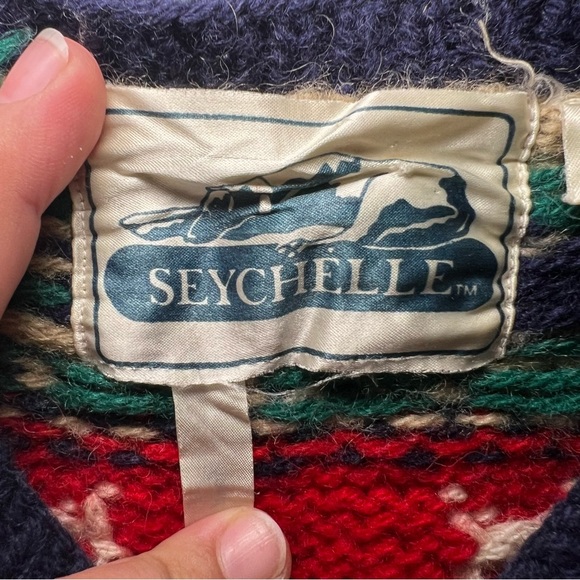 Vintage 90s Seychelle Blue Red Fair Isle Nordic Heavy Wool Hand Knit Cardigan M - Picture 10 of 12